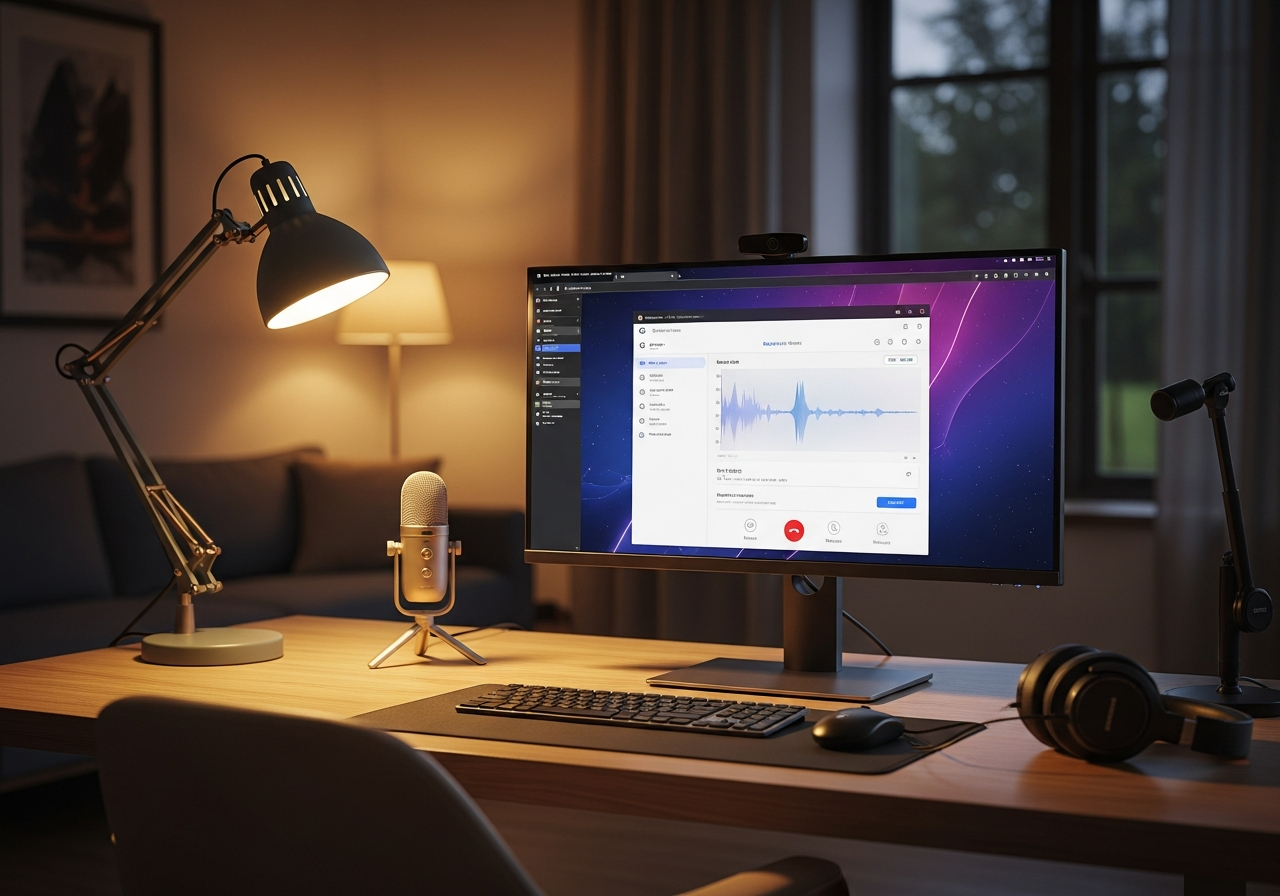Home office setup with monitor showing browser-based softphone interface