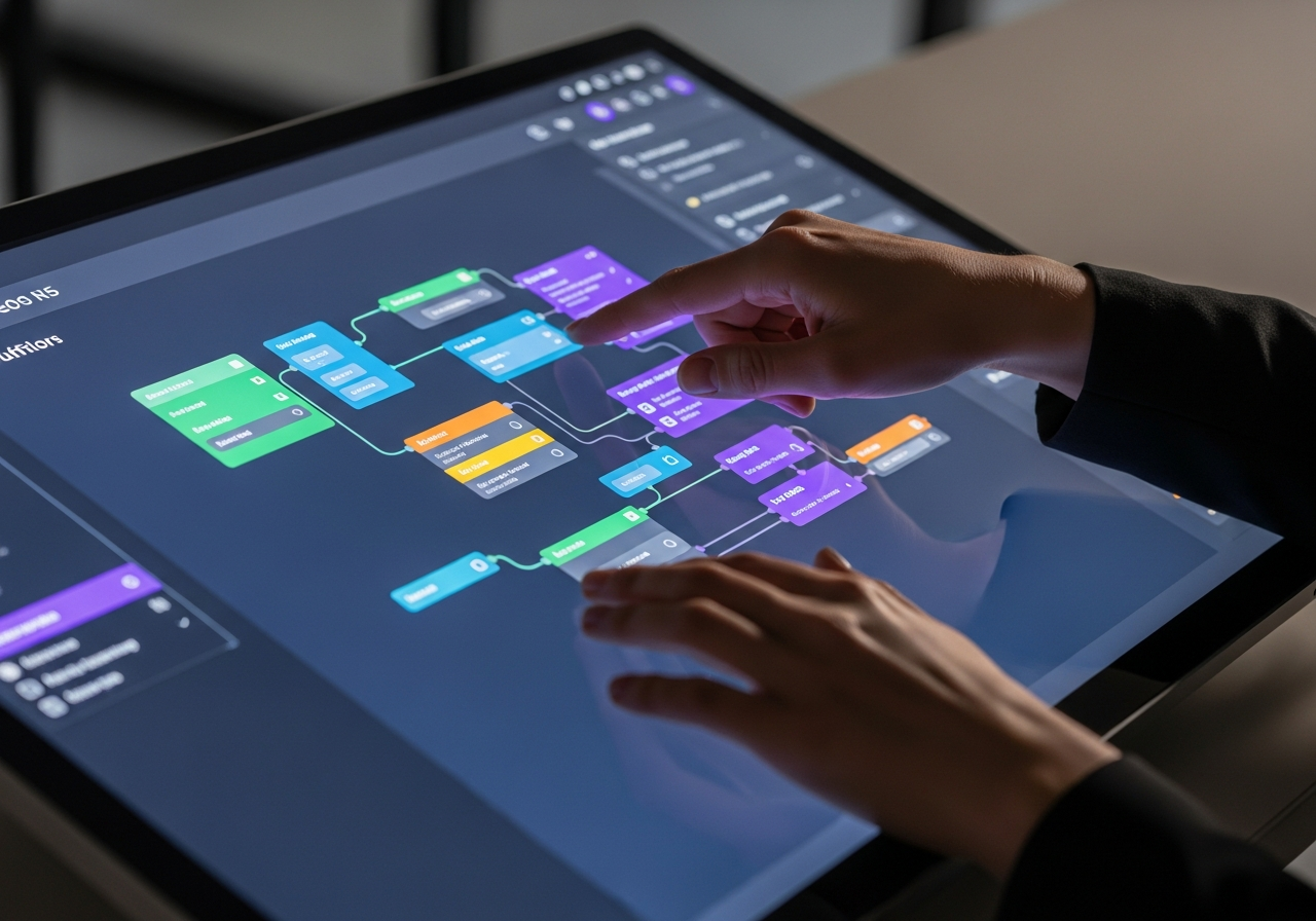 Designer working on a visual workflow builder interface on a touchscreen display