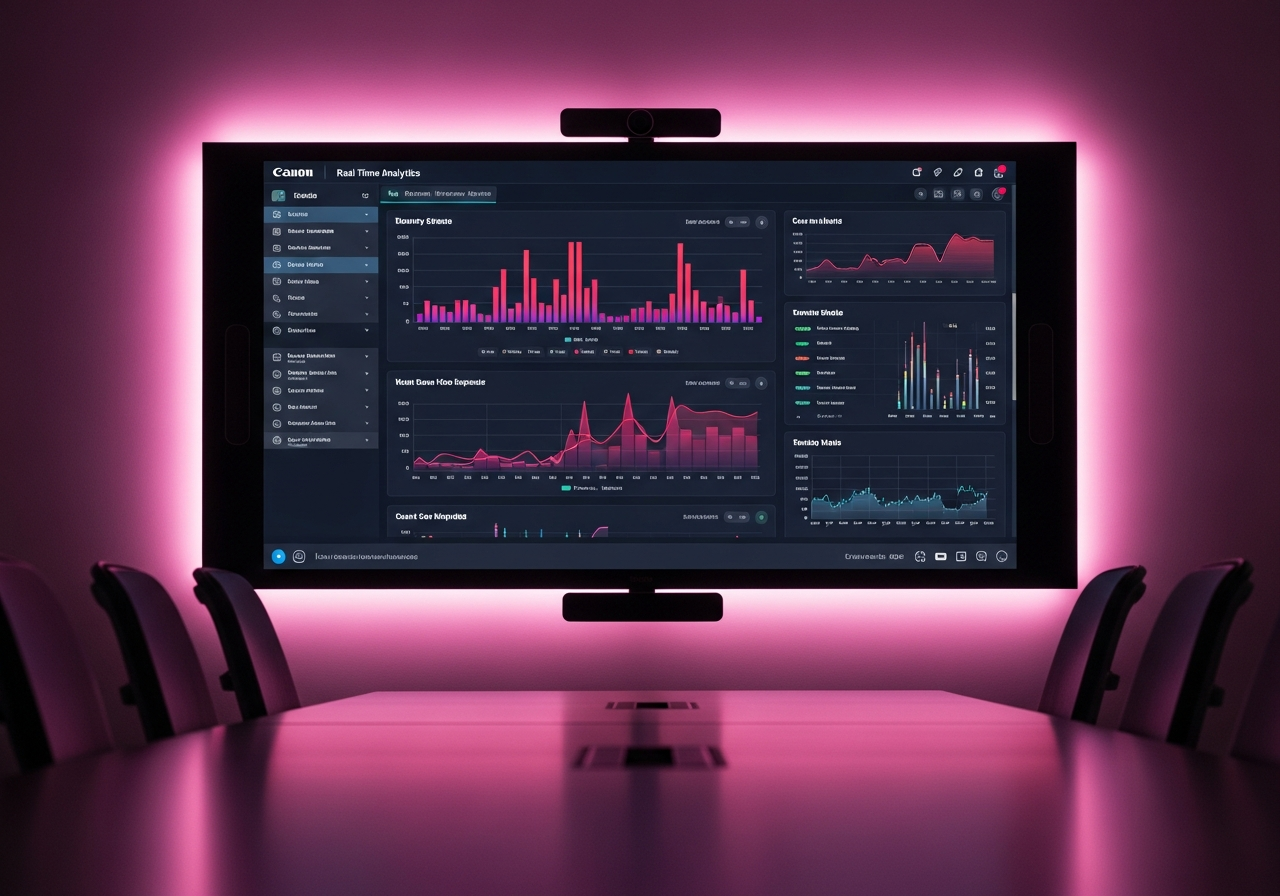 Real-time analytics dashboard with charts and call metrics on a large display