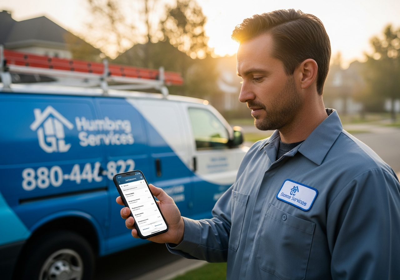 Home services professional checking job dispatch schedule on smartphone
