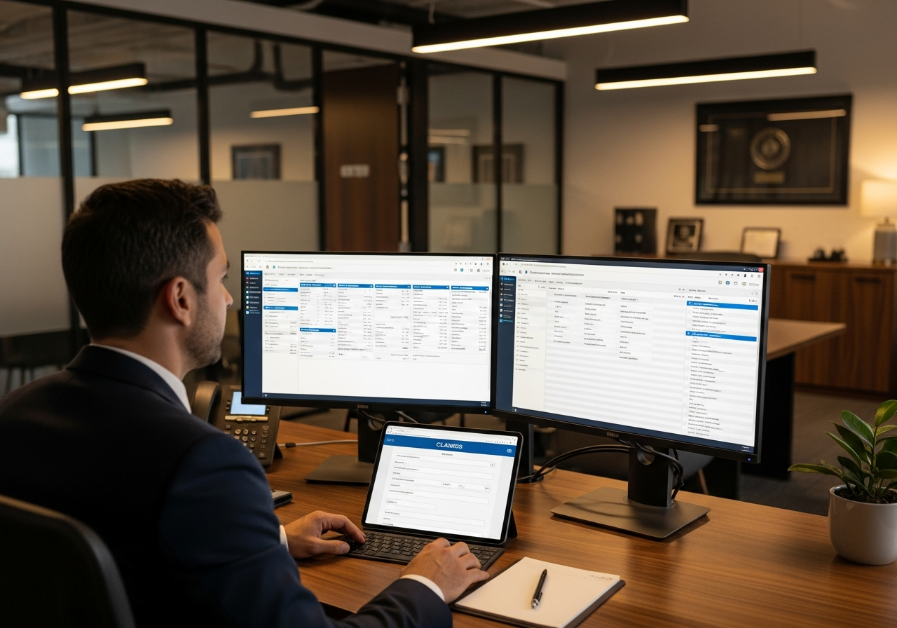 Insurance advisor at desk with policy management software on dual monitors