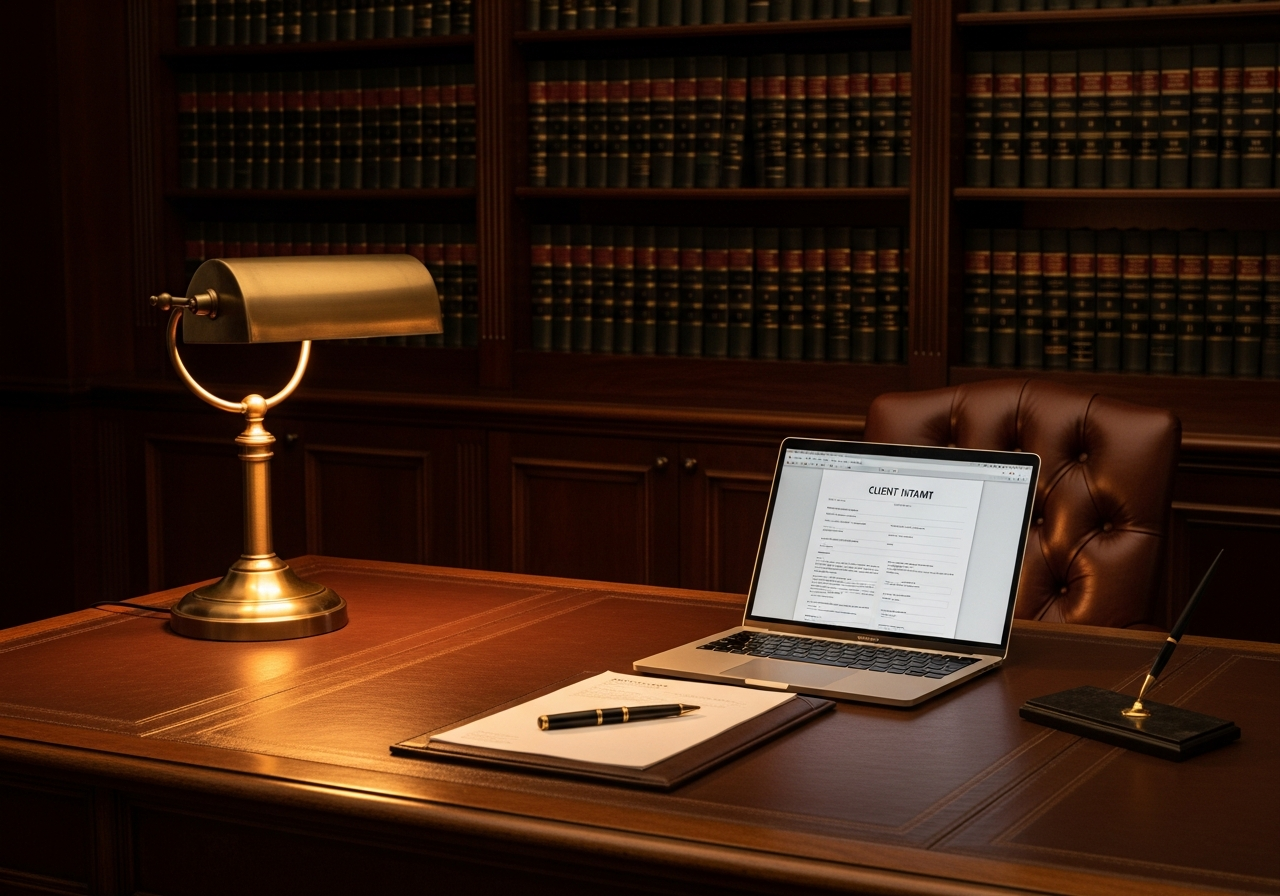Prestigious law firm office with laptop showing client intake form