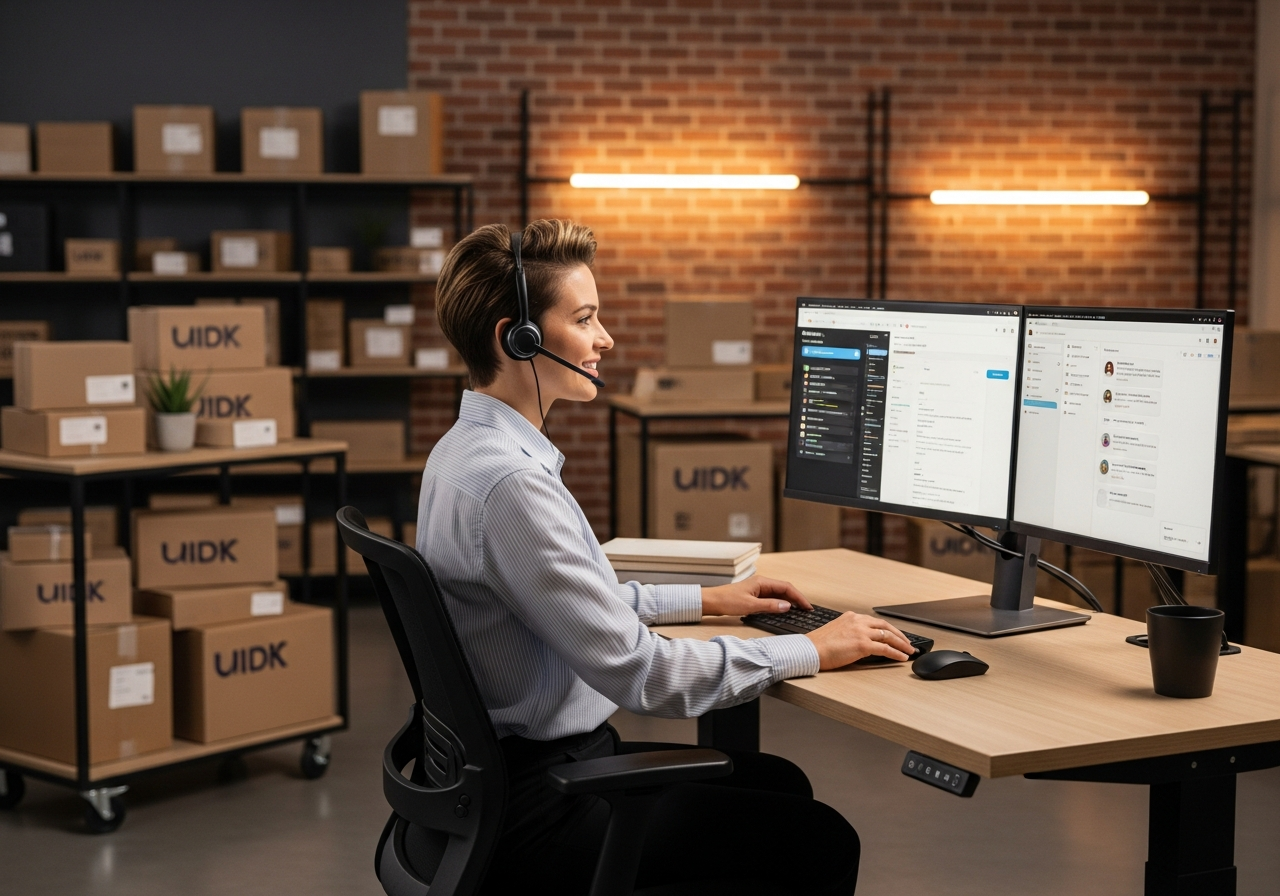 Customer service team member with headset at modern ecommerce office